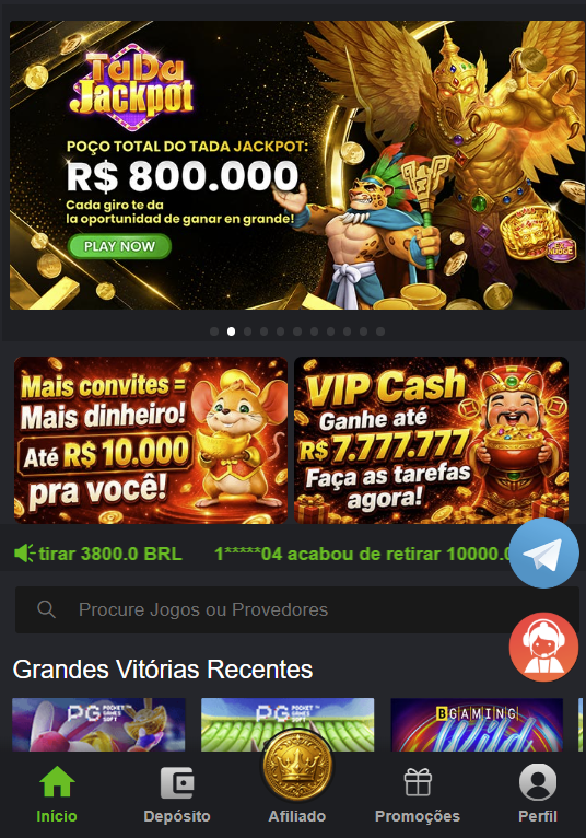 Referência de interface enviada: banners, busca de jogos e navegação inferior da plataforma.